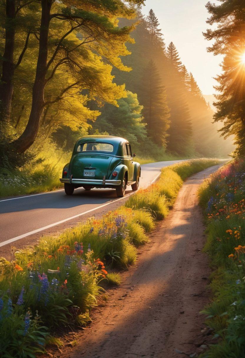 A picturesque winding road through a lush green forest, dotted with colorful wildflowers on the sides, featuring a vintage car driving along the scenic route. The sun is setting in the background, casting warm golden hues over the landscape, while a friendly deer peeks from the trees. Add subtle hints of travel essentials like a map and backpack near the roadside. super-realistic. vibrant colors. cinematic.