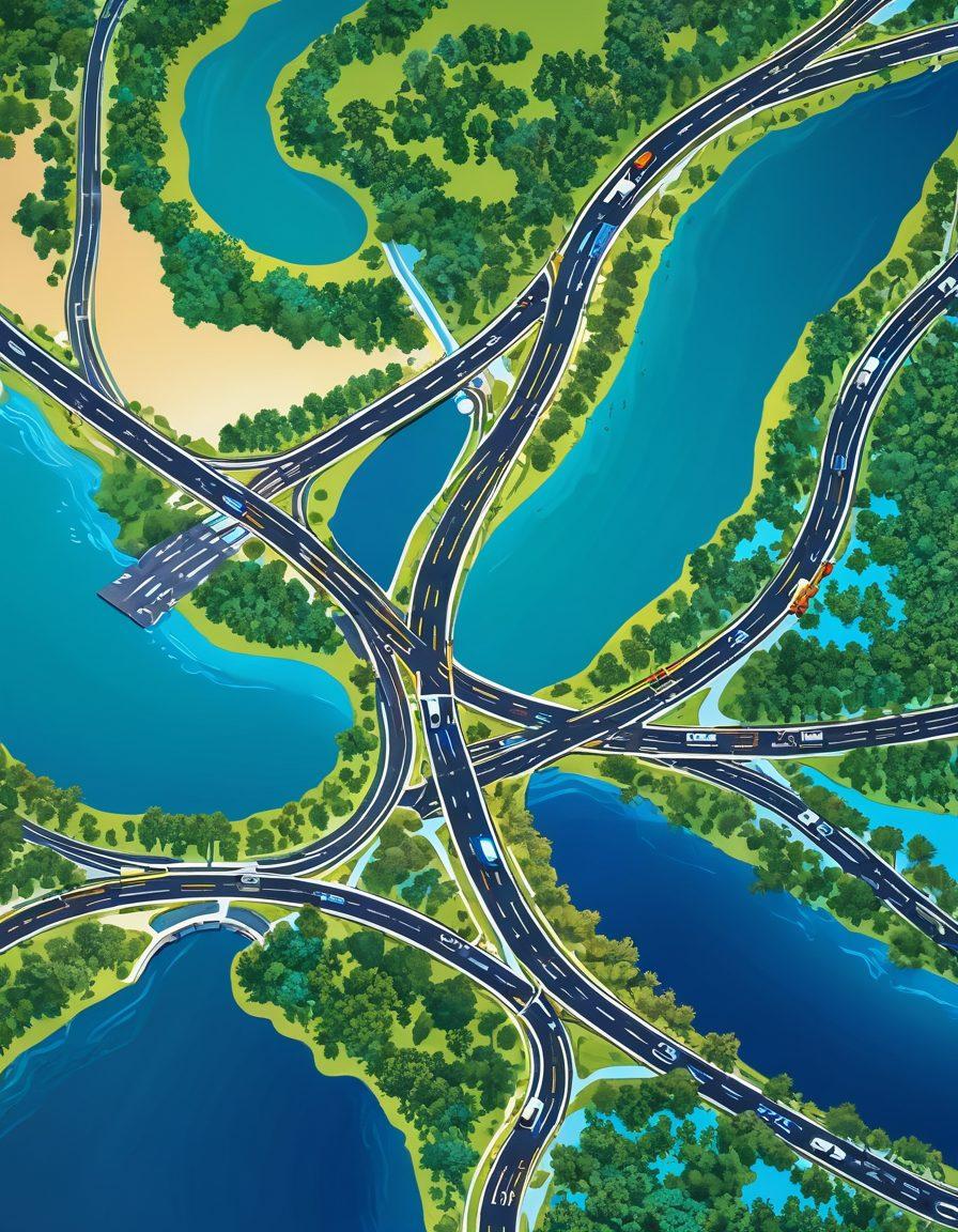 An intricate map overlay showcasing winding scenic routes alongside a bustling urban traffic grid, with vibrant green nature spots and blue body of water highlighted. Include a pair of road signs pointing towards 'Traffic' and 'Scenic Pathways'. A soft sunset glow illuminating the scene, enhancing the contrast between nature and city life. digital illustration. vibrant colors. 3D.