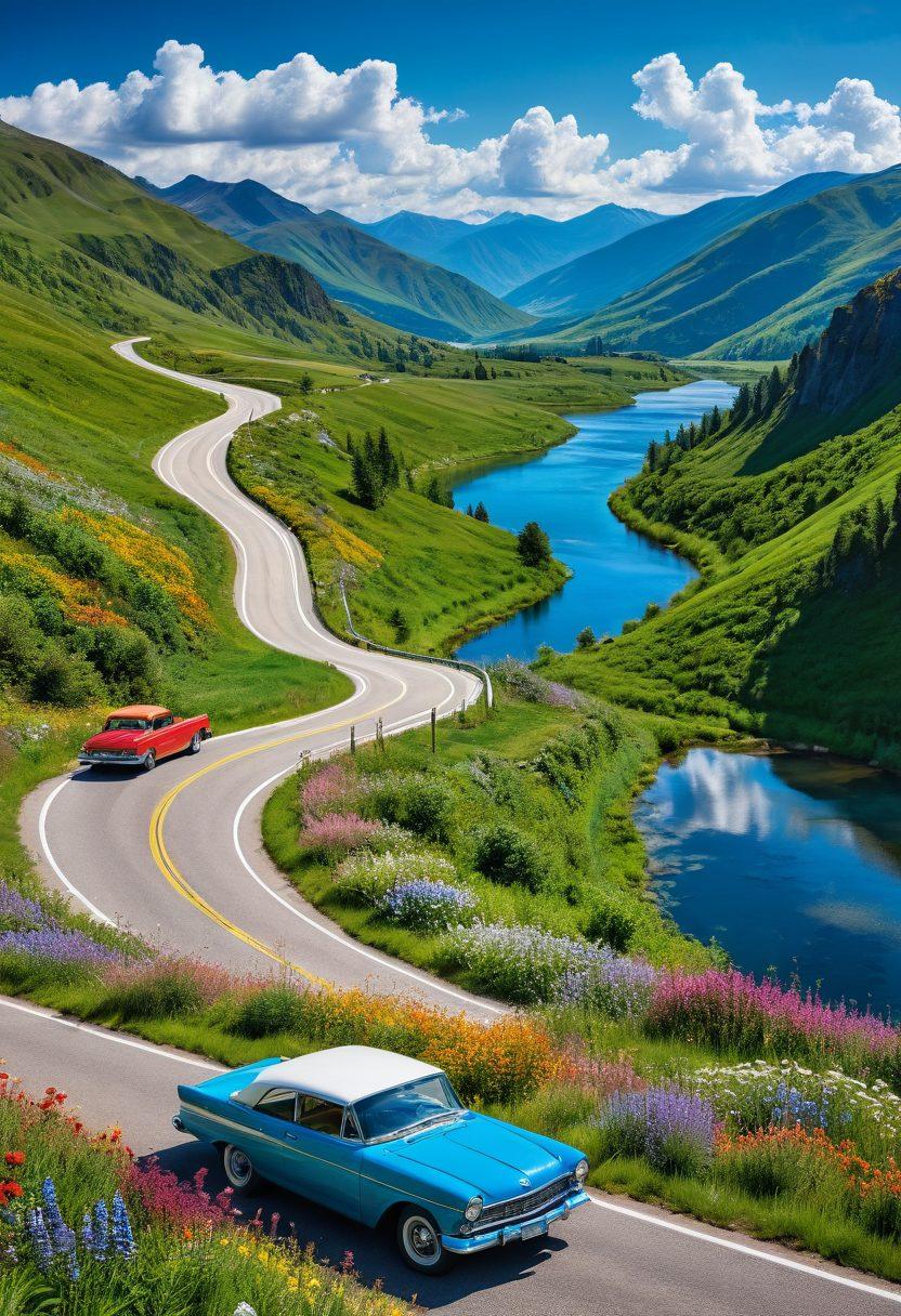A stunning panoramic view of a scenic byway winding through lush green mountains and vibrant wildflowers, with a classic car driving along the road, and a bright blue sky with fluffy white clouds overhead. Include various signposts depicting different scenic routes and adventure icons. The foreground should have a picnic setup showcasing road trip essentials. super-realistic. vibrant colors. 3D.